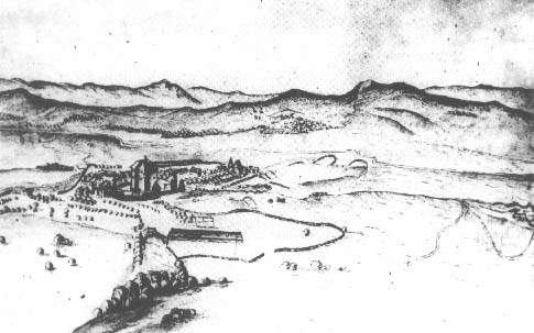 Pohľad na mestečko Bojnice a hrad, kresba Johanna Ledentu (1602-1654) z roku 1641.