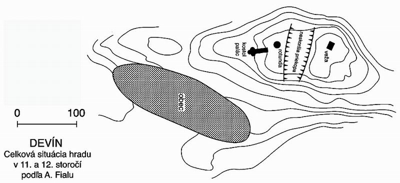 Celková situácia hradu Devín v 11. a 12. storočí podľa A. Fialu.