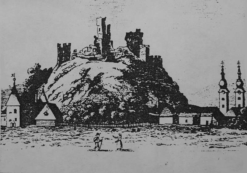 Hrad Divín (na kopci) s opevneným podhradským kostolom (vpravo) a kaštieľom (vľavo) na rytine od R. Lányiho a S. Lehnhardtha z roku 1826.