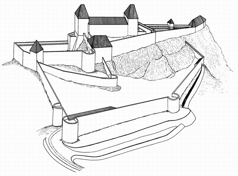 Rekonštrukcia vzhľadu hradu Dobrá Voda v poslednej stavebnej fáze.