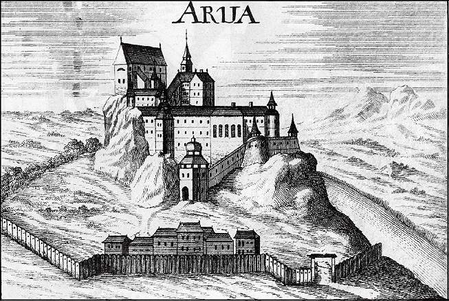 Oravský hrad, medirytina a lept pravdepodobne od frankfurtského medirytca Matthiasa Greischera (?-1712), asi z roku 1680.