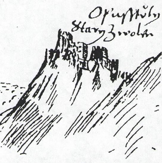 Dolný Pustý hrad na vedute Zvolena od J. Willenberga (okolo roku 1600).